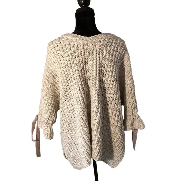 POL Chunky Knit Sweater Large Boho Oversized Cream V Neck - Picture 2 of 4